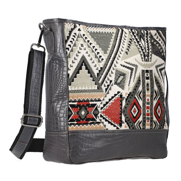 Crossbody Bag aus echtem Leder und Jacquard mit Krokopr&auml;gung, schwarz image number 12