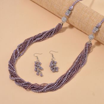 2er Set - Lila Kristall, Wei&szlig;er Kristall Halskette und Ohrringe