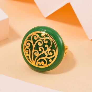 Gr&uuml;ne Jade Ring 925 Silber Gelbgold Vermeil (Gr&ouml;&szlig;e 16.00) ca. 26.80 ct