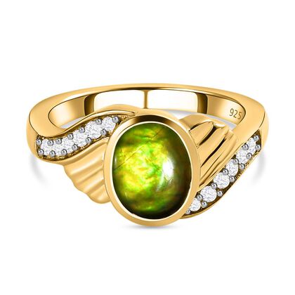 Kanadische Ammolit und wei&szlig;er Zirkon Ring, 925 Silber Gelbgold Vermeil (Gr&ouml;&szlig;e 20.00) ca. 1,80 ct