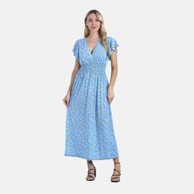 Floral Romance Maxikleid mit gesmokter Taille und Volantärmeln, 35x128cm, Blau