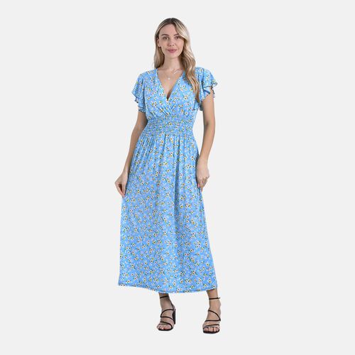   Smocked Waist Maxi Dress with Flutter Sleeve Size:(W13.7XL49inch) (W35*L125cm)size:one sizeColor:blue basic with floralMaterial:100%Viscoseweight:250g   image number 0