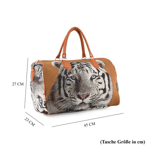 "Life style Color:brown with tiger print /Profile:Duffel bag wall(exterior):Polyester    Lining(interior): polyester; Pockets(exterior):Zipped-1 Pockets(interior):none Measurement:45*23*27cm           " image number 8