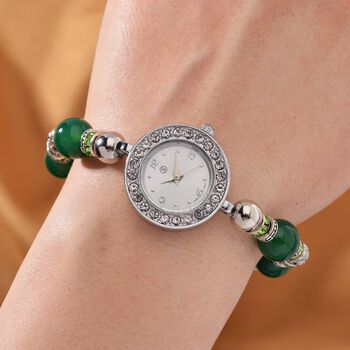 STRADA - Gr&uuml;ner Achat, Wei&szlig;er Kristall Flexibles Armband-Uhr, Japanisches Uhrwerk, ca. 18-19cm,  Schwarz oxidiert