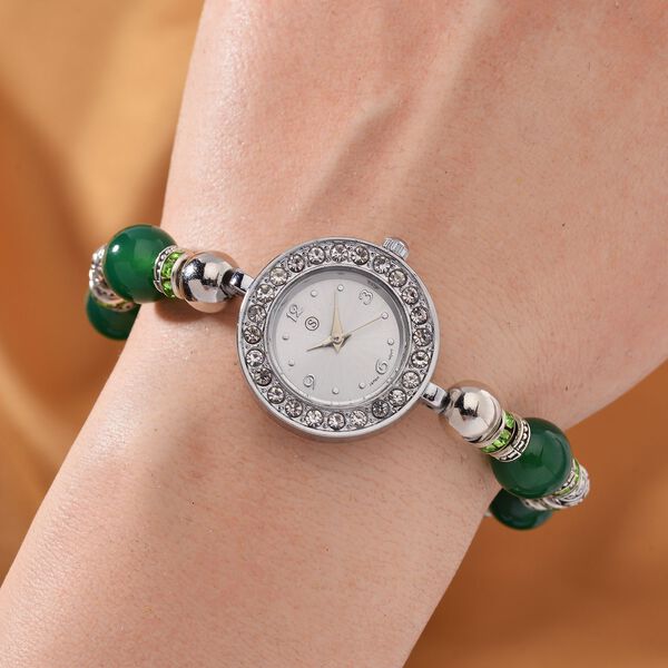 STRADA - Gr&uuml;ner Achat, Wei&szlig;er Kristall Flexibles Armband-Uhr, Japanisches Uhrwerk, ca. 18-19cm,  Schwarz oxidiert image number 2