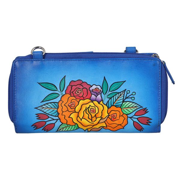 SUKRITI- Handbemalte Brieftasche aus Echtleder mit verstellbarem Schulterriemen und Schlüsselanhänger, Blau image number 6