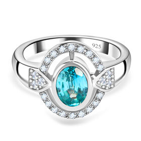 Kambodschanischer blauer Zirkon und Zirkon Halo Ring 925 Silber Platin-Überzug