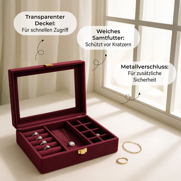 Samt Schmuckbox mit 5 Silberputztüchern, 20x15x5cm, Bordeaux image number 3