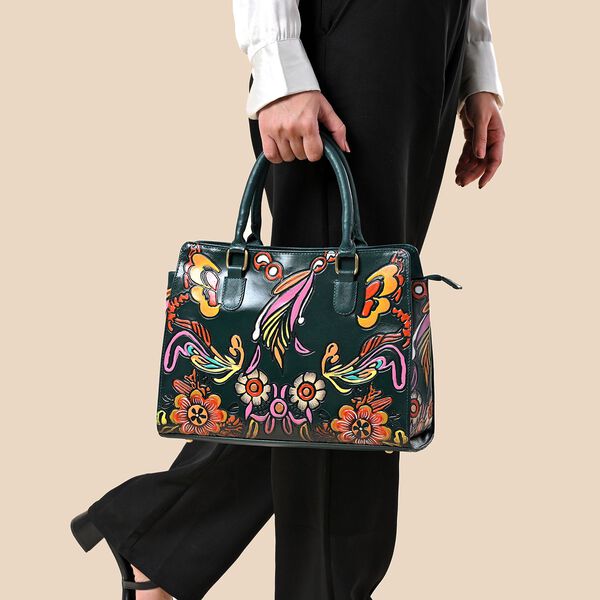 Handbemalte Satchel-Tasche aus 100% Echtleder mit kunstvoller Pr&auml;gung und Blumen-Design, 31x10x23cm, Gr&uuml;n image number 4