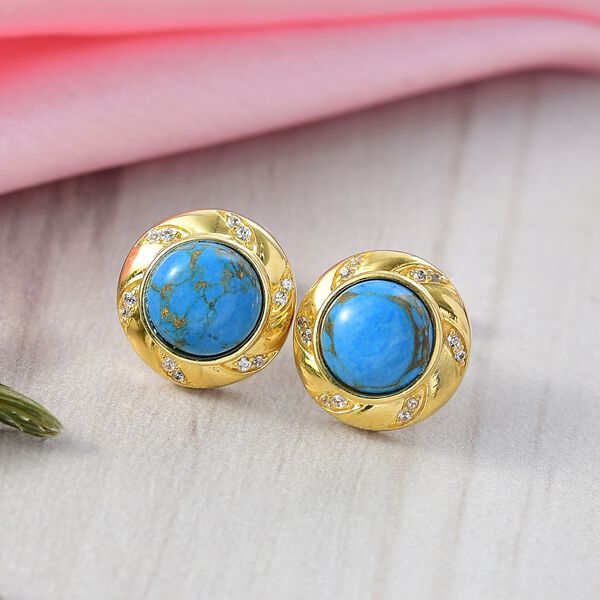 Blaues Türkis, Weißer Zirkon Ohrringe Nickelfreies Messing ca. 3,59 ct. image number 2