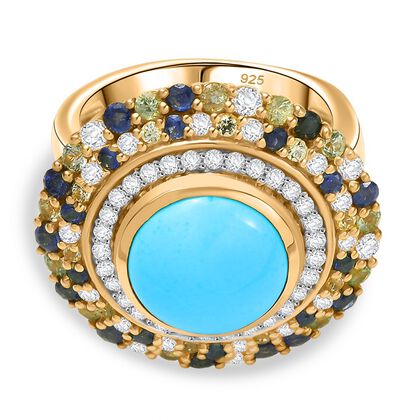 AA Sleeping Beauty T&uuml;rkis, Blauer Saphir Ring 925 Silber 750 Gelbgold Vermeil (Gr&ouml;&szlig;e 20.00) ca. 5.86 ct