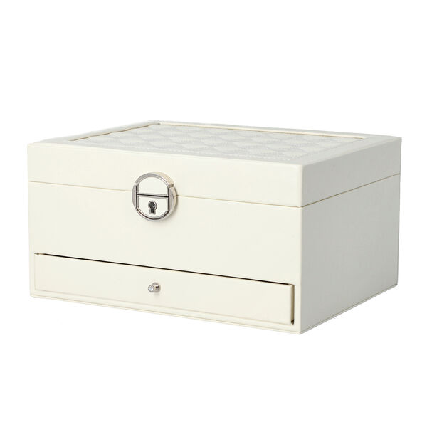 3-lagiges PU-Leder-Schmuckk&auml;stchen, herausnehmbare Elemente und Schloss, kariertes Steppmuster, wei&szlig; image number 2