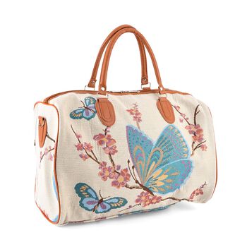 "Life style Color:White with blue butterfly print /Profile:Duffel bag wall(exterior):Polyester    Lining(interior): polyester; Pockets(exterior):Zipped-1 Pockets(interior):none Measurement:45*23*27cm         "