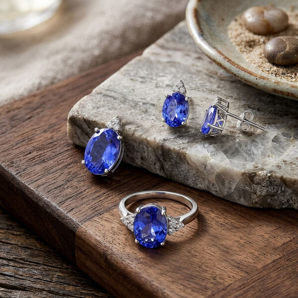 LUXORO AGI zertifiziert und gepr&uuml;ft AAAA Tansanit und Diamant Schmuckset in 585 Wei&szlig;gold image number 1