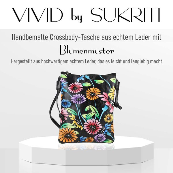 VIVID by SUKRITI Handbemalte Echtleder Umh&auml;ngetasche, schwarz, Blumen image number 3