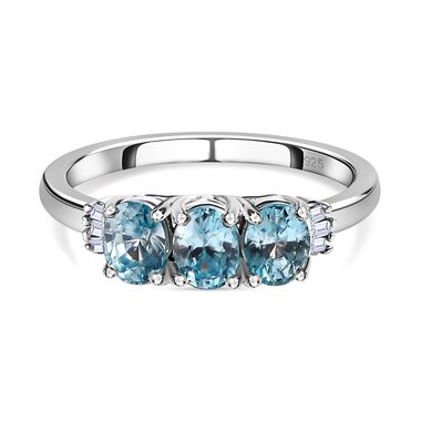Kambodschanischer, blauer Zirkon, weißer Diamant Ring, 925 Silber platiniert (Größe 19.00) ca. 1.69 ct