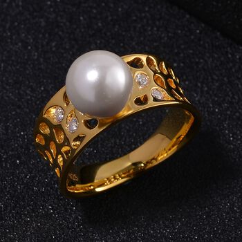 Wei&szlig;e Muschelkernperle, Moissanit Ring 925 Silber 750 Gelbgold Vermeil (Gr&ouml;&szlig;e 16.00)