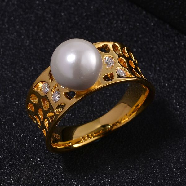 Weiße Muschelkernperle, Moissanit Ring 925 Silber 750 Gelbgold Vermeil (Größe 18.00) image number 2