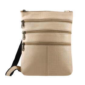 Echtleder Crossbody Tasche mit Kroko-Pr&auml;gung, Beige