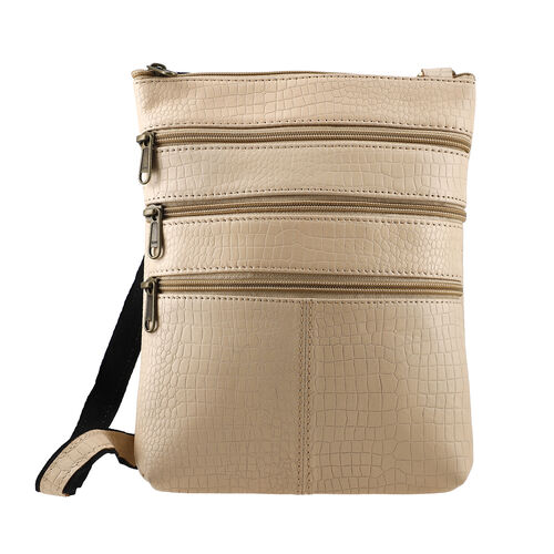 Echtleder Crossbody Tasche mit Kroko-Prägung, Beige image number 0