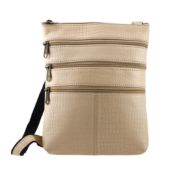 Echtleder Crossbody Tasche mit Kroko-Pr&auml;gung, Beige image number 0