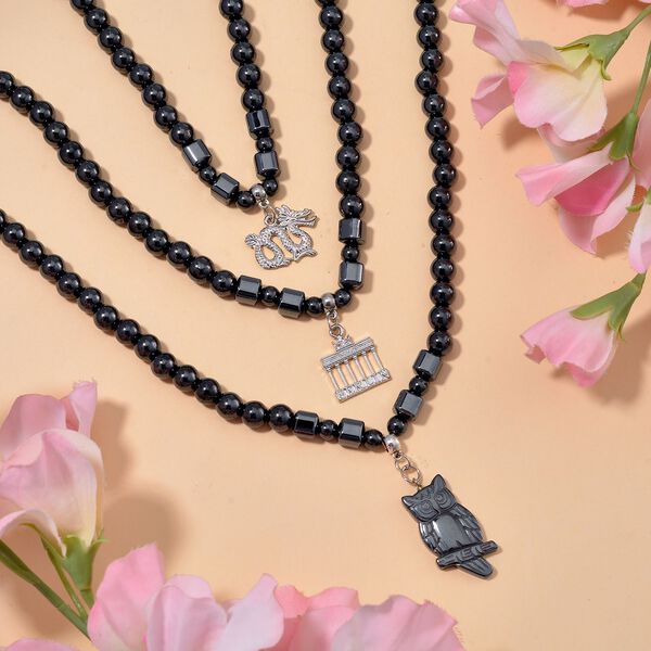 3er Set - H&auml;matit Drachen, Brandenburger Tor, und Eule Anh&auml;nger mit Kette, ca. 1320.00 ct image number 2