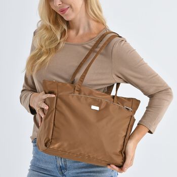 Signature Handtasche, edles Nylon Design mit 3 Rei&szlig;verschluss Taschen und 2 offenen Au&szlig;entaschen, 30x30x10cm, Gold