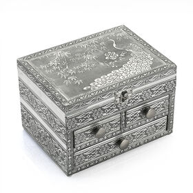 Schmucktruhe mit Pfauenprägung - 3 Schubladen, oxidiertes Aluminium, groß, 20,32x15,24x2,7cm