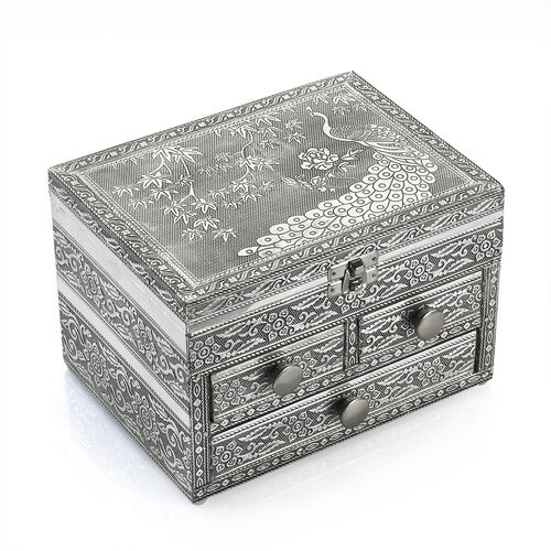 Oxidized Aluminum Elephant Embossed Grand 3 Drawer Jewelry Box  Size: L 20.32xW 15.24x H 12.7 Cm
