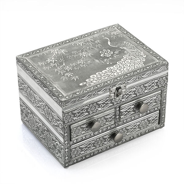 Schmucktruhe mit Elefantenprägung - 3 Schubladen, oxidiertes Aluminium, groß, 20,32x15,24x12,7cm