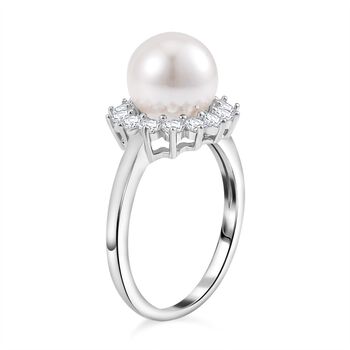 Wei&szlig;e Muschelkernperle und Zirkonia Ring - 0,40 ct.