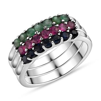 3er Set - Kanchanaburi blauer Saphir, Socoto Smaragd und afrikanischer Rubin-Half-Eternity-Ring in Silberton, 1,02 ct