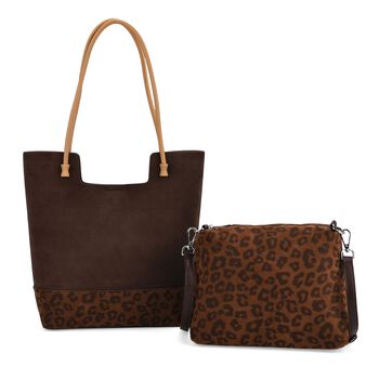 2er-Set Echtleder-Taschen, Shopper und Umh&auml;ngetasche mit trendigem Leopardenmuster, Dunkelkaffee