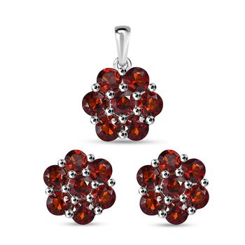 2er Set - Nat&uuml;rlicher Mosambik Granat Anh&auml;nger und Ohrringe, 925 Silber platiniert ca. 2.94 ct