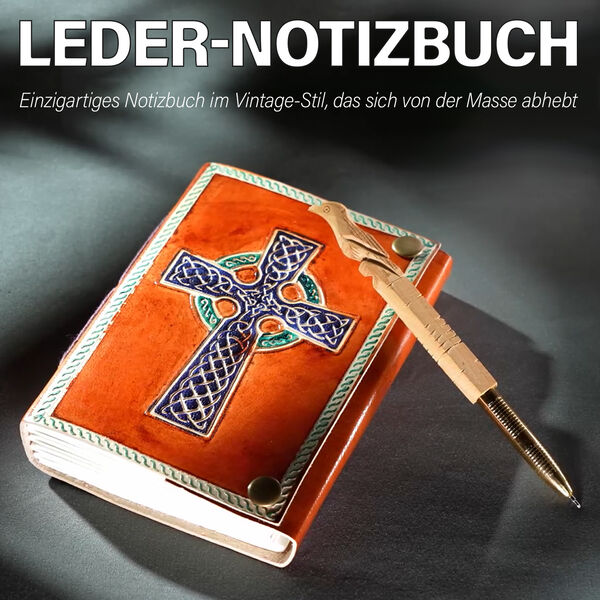 Kreuzgepr&auml;gtes Leder Notizbuch und 1 Holzstift, braun image number 2