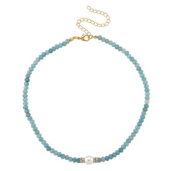 Muschelkernperle (9-11 mm) Halskette mit Blauem Quarzit, verstellbar ca. 40.5 cm +10 cm Extender, goldfarben