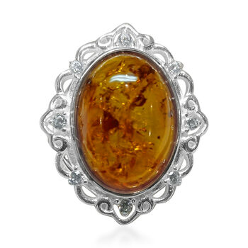 Nat&uuml;rlicher Baltischer Bernstein, Wei&szlig;er Zirkon Ring (19 x 14mm) 925 Silber, flexibel