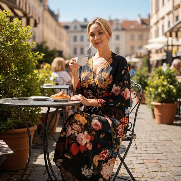 LA MAREY Kimono mit Pfauenprint 100% Viskose Einheitsgr&ouml;&szlig;e 128 cm L&auml;nge, Schwarz image number 1