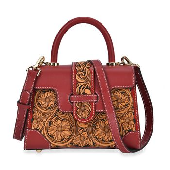GRAND PELLE Elite Kollektion - Exklusive Handgravierte Leder-Satchelhandtasche mit Floralem Meisterwerk, Gr&ouml;&szlig;e 23 x 16,5 x 9,5 cm, rot