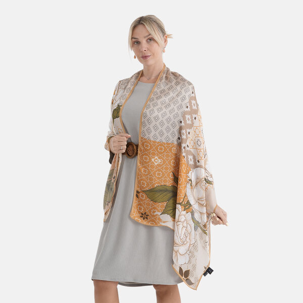 LA MAREY Signature Set mit Seidenschal und Seidentropfen-Ohrringen, 100% Maulbeerseide, 65 x 170 cm, Orange mit Wei&szlig; image number 2