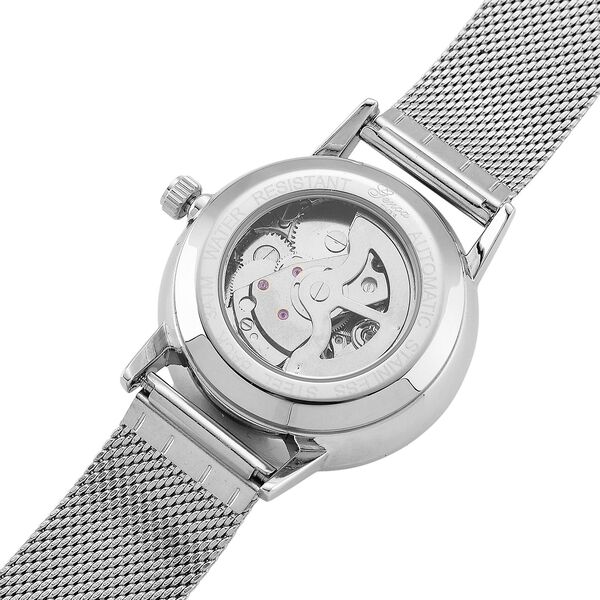GENOA TIME - V2 Automatik Armbanduhr, Geh&auml;use 316 Edelstahl Zweifarbiges Sonnenschein Zifferblatt mit wei&szlig;em Diamant Edelstahl Mesharmband silberfarben image number 8