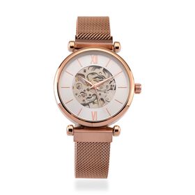 GENOA TIME V2 Automatik-Mechanische Uhr, 37mm, IPG-Beschichtung, Weißes Sonnenschliff-Zifferblatt, Edelstahl-Mesh-Armband mit Magnetverschluss, Edelstahl-Gehäuseboden mit Glas, Wasserdicht, Roséfarben