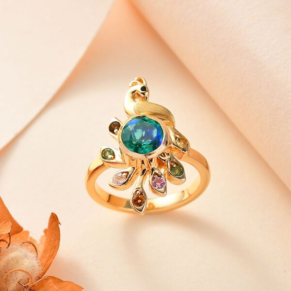 Pfau Quarz Triplette, Mehrfarbig-Turmalin Ring 925 Silber 750 Gelbgold Vermeil (Gr&ouml;&szlig;e 17.00) ca. 1,71 ct image number 1