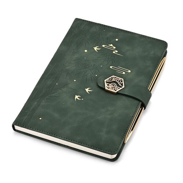 LIVMORE 2er-Set A5 Notizbuch mit Stift, Umschlag mit Magnetverschluss, Bambus-Motiv, Nationaler Landschaftsstil, Gr&uuml;n image number 5