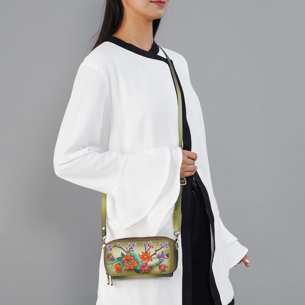 SUKRITI - RFID-gesch&uuml;tztes 100% Echtleder handgemaltes Crossbody-Tasche, 20x9 cm, oliv-gold image number 2