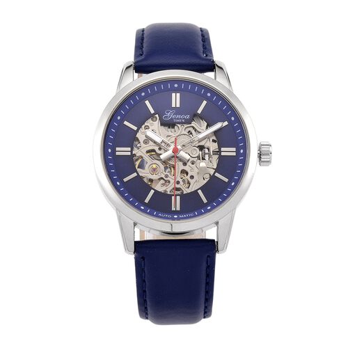 GENOA TIME V2 Automatikuhr mit mechanischem Automatikwerk, Zifferblatt Blau mit Sonnenschliff und offenem Design, Lederarmband Blau, 3 ATM wasserdicht image number 0