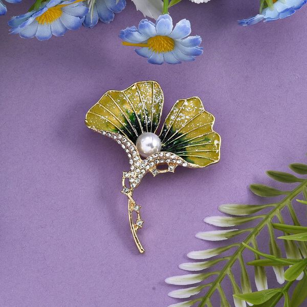 Kunststoff Perle, Wei&szlig;er Kristall Blatt Brosche emailliert, Gr&uuml;n image number 2