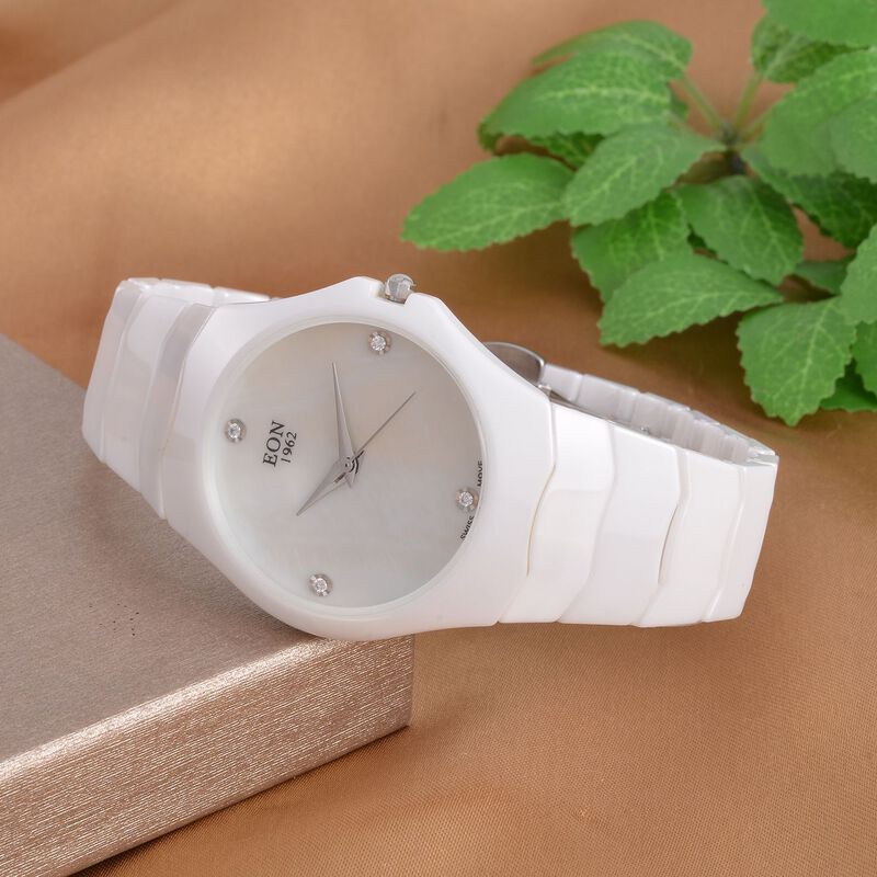 EON 1962 schweizer Uhrwerk - Moissanit-Uhr mit weißem Perlmutt Ziffernblatt, Keramik Armband, 42 mm image number 0