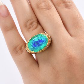 D joy Pfau Quarz Triplette, Weißer Zirkon Ring 925 Silber Rhodiniert und 750 Gelbgold Vermeil (Größe 16.00) ca. 14,02 ct