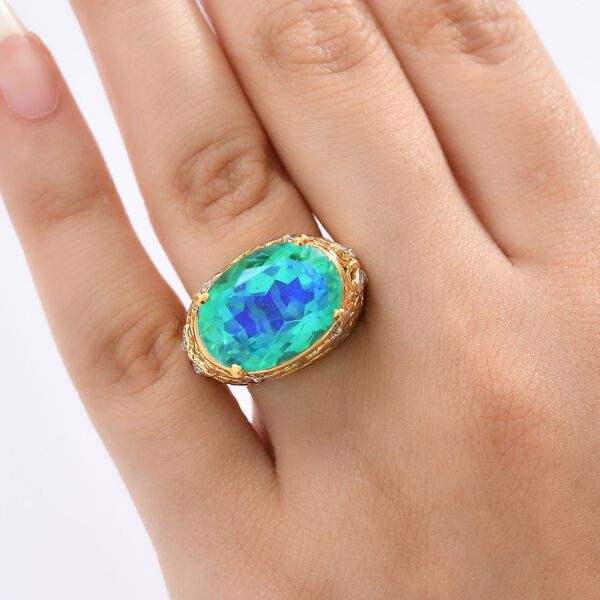 D joy Pfau Quarz Triplette, Weißer Zirkon Ring 925 Silber Rhodiniert und 750 Gelbgold Vermeil (Größe 16.00) ca. 14,02 ct image number 2